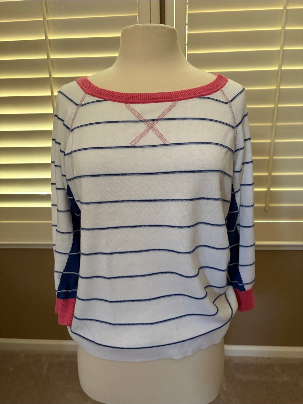Talbots White Striped Boatneck Sweater with Navy Panels and Pink Trim like new M